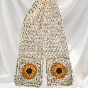 Handmade Cream Crochet Scarf with Sunflower Motifs